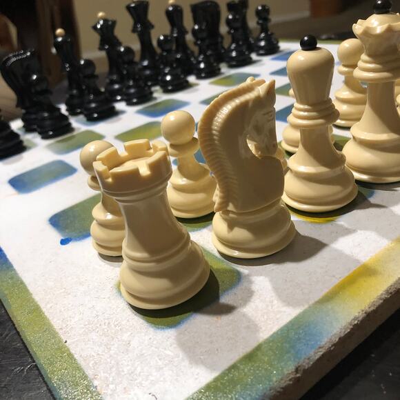 Large Painted Chess Set - Blue/Yellow & White - Picture 7 of 11